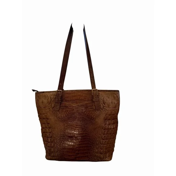 Brahmin Brown Embossed Crocodile Tote Bag with Logo Charm - Picture 5 of 6